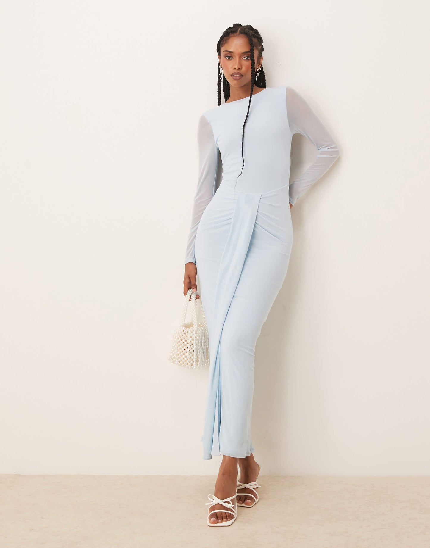 ASOS DESIGN mesh long sleeve slash neck open back maxi dress with sash in baby blue