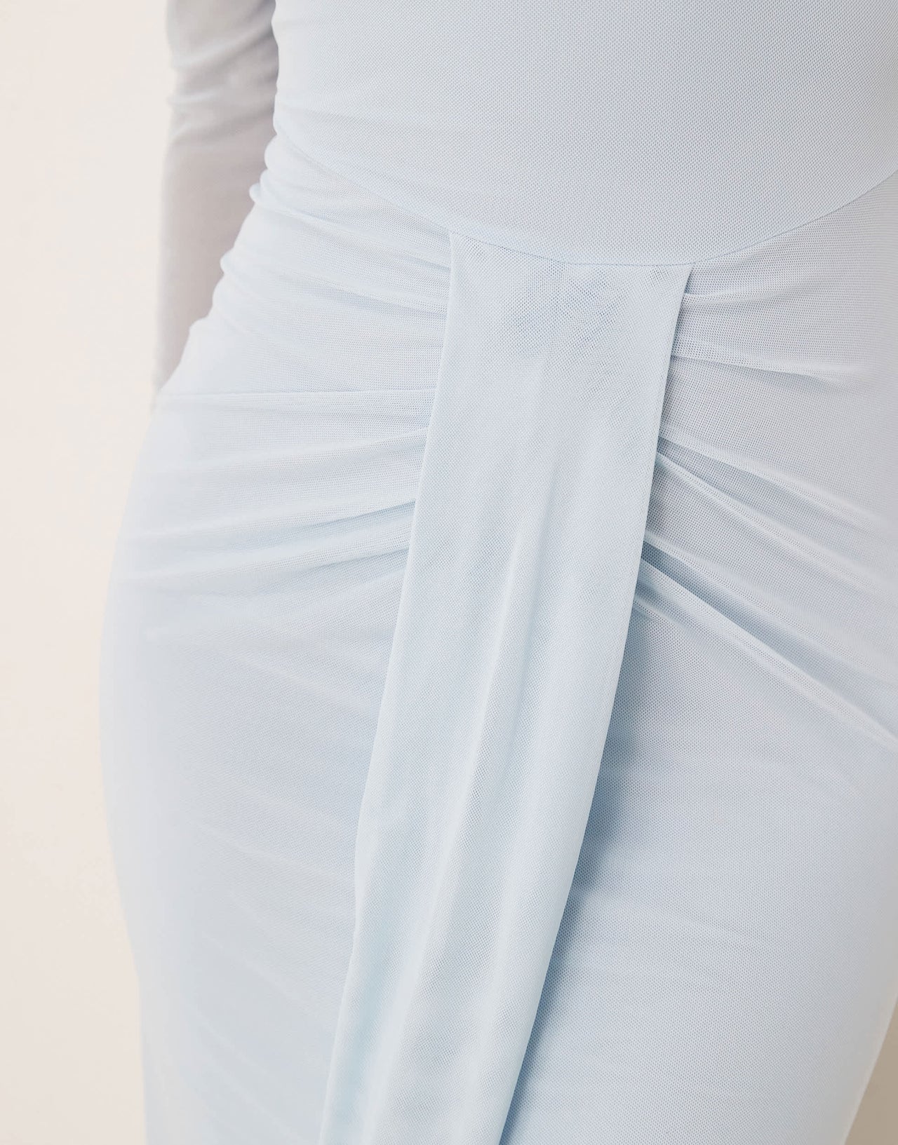 ASOS DESIGN mesh long sleeve slash neck open back maxi dress with sash in baby blue