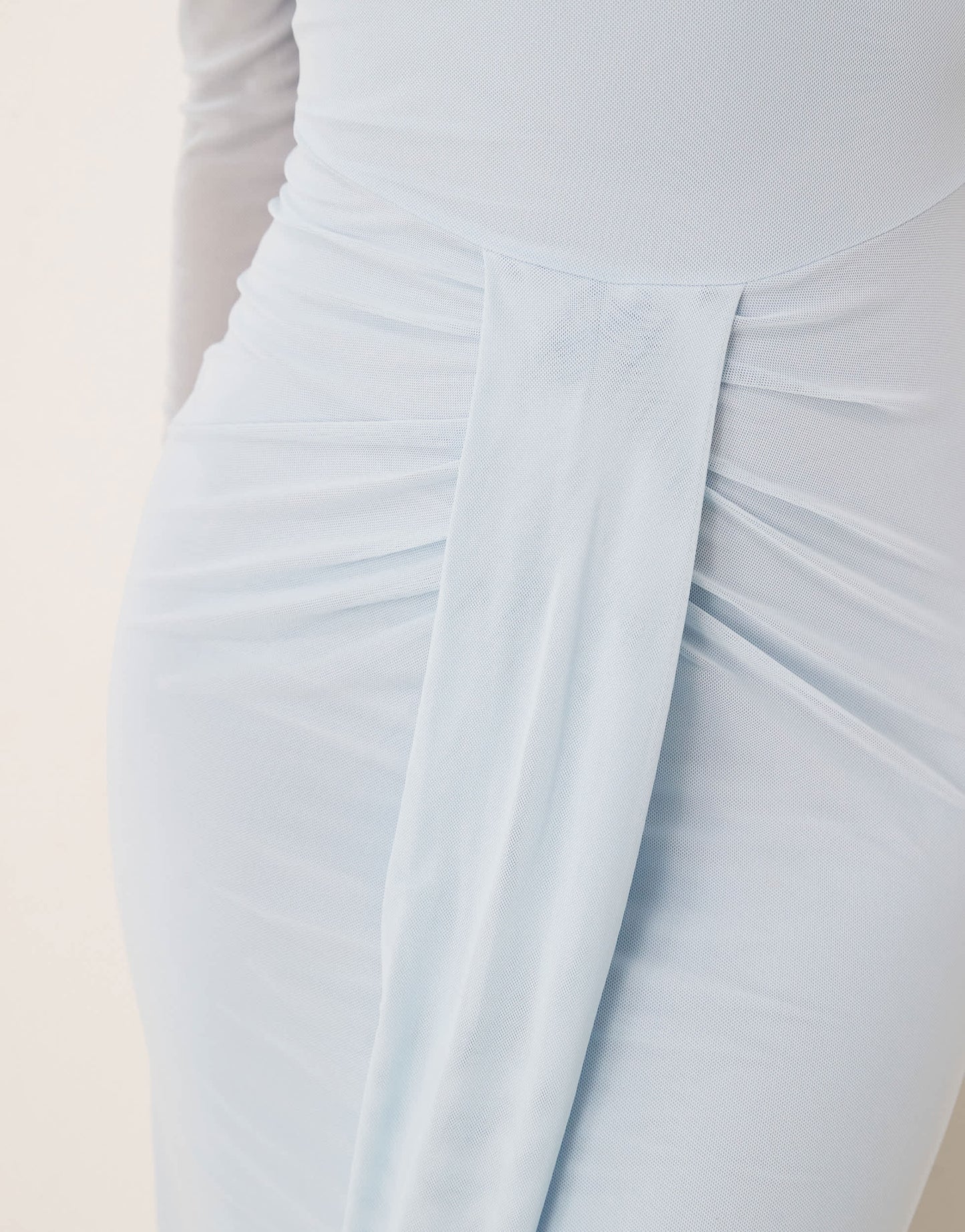 ASOS DESIGN mesh long sleeve slash neck open back maxi dress with sash in baby blue