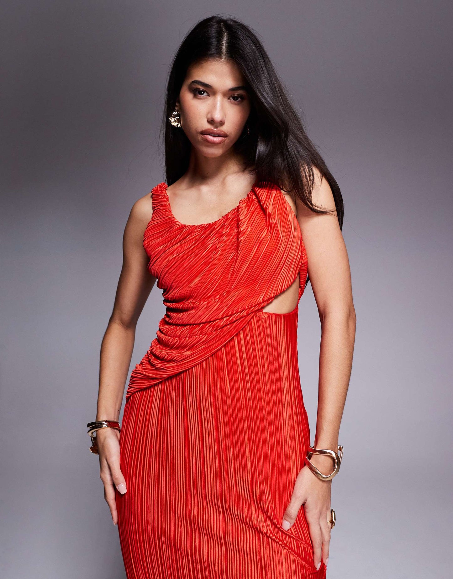 ASOS DESIGN plunge drape plisse maxi dress in orange