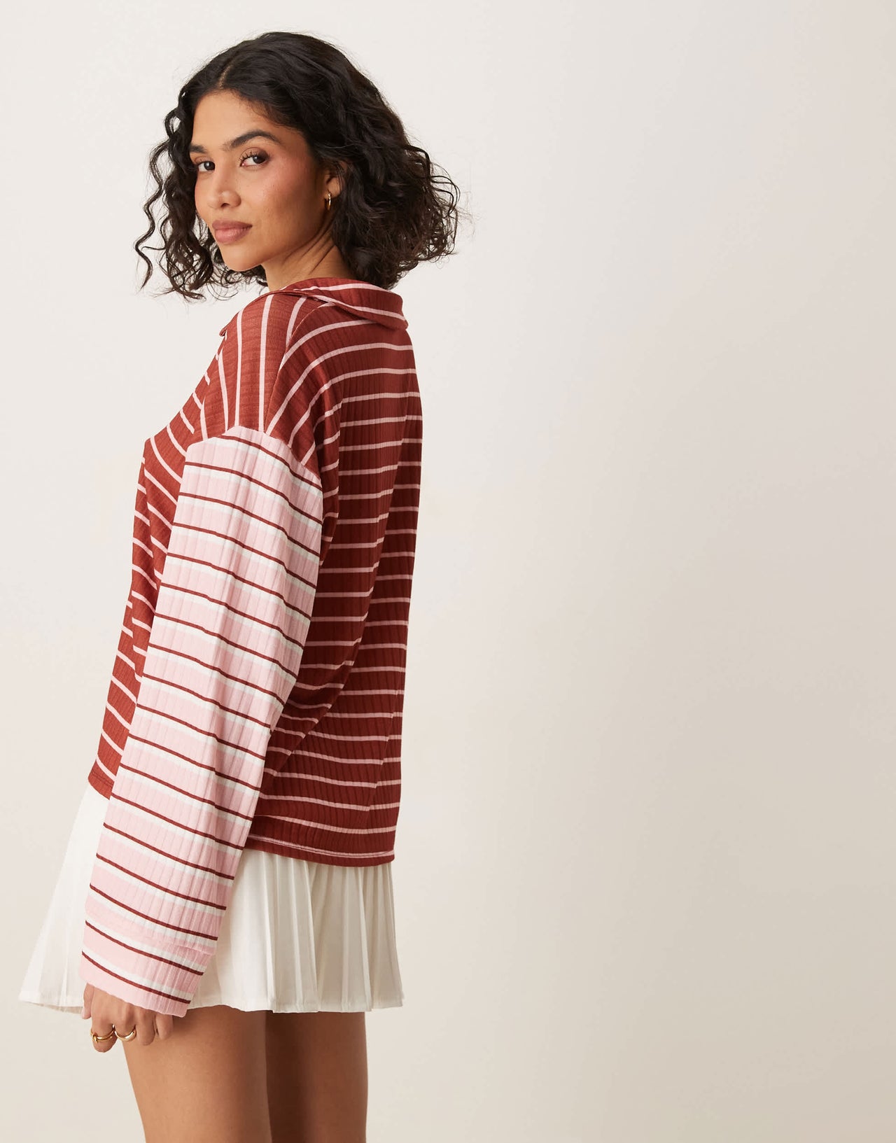 ASOS DESIGN long sleeve rugby collar top in mixed stripe