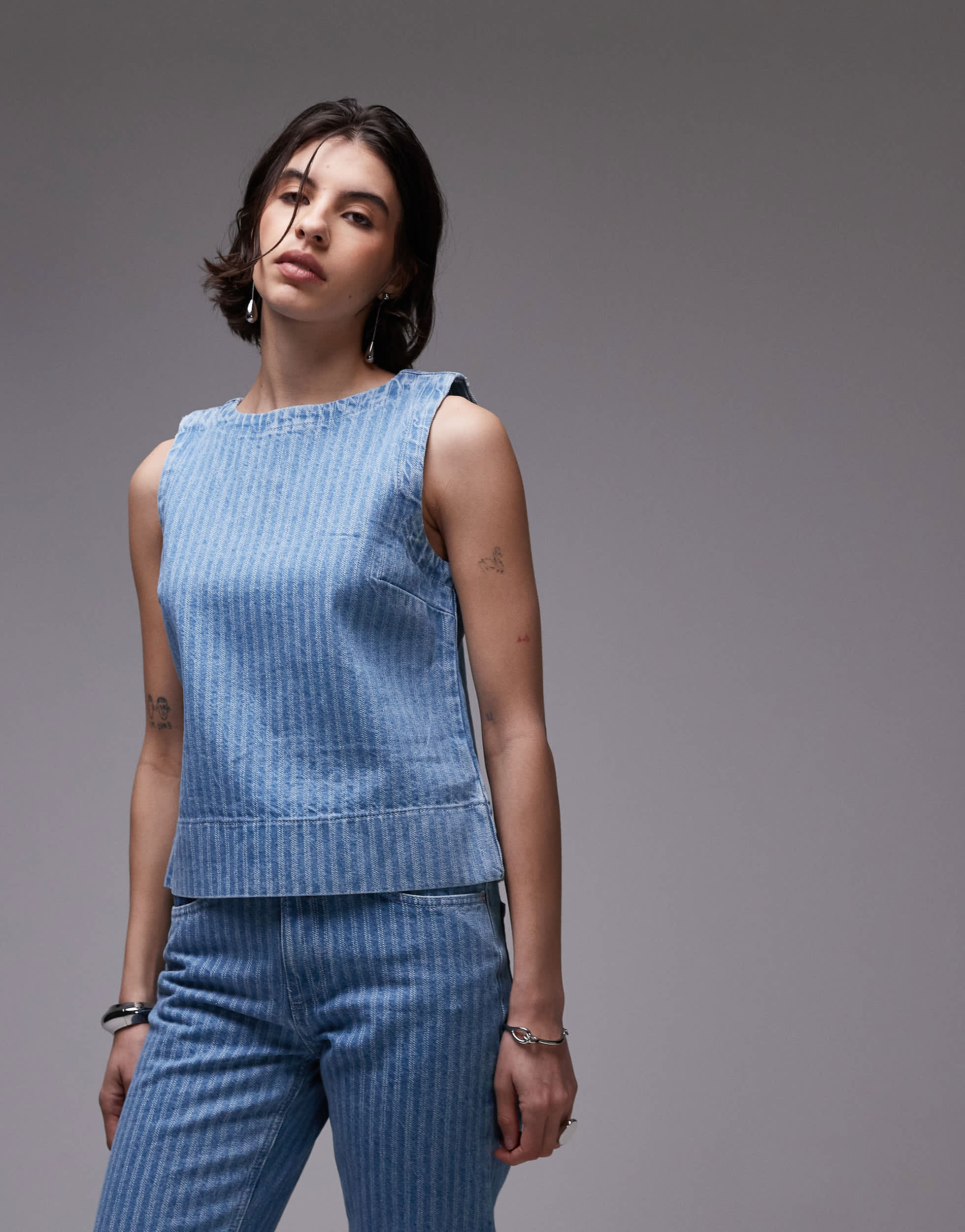 Topshop denim shell top in bleach stripe