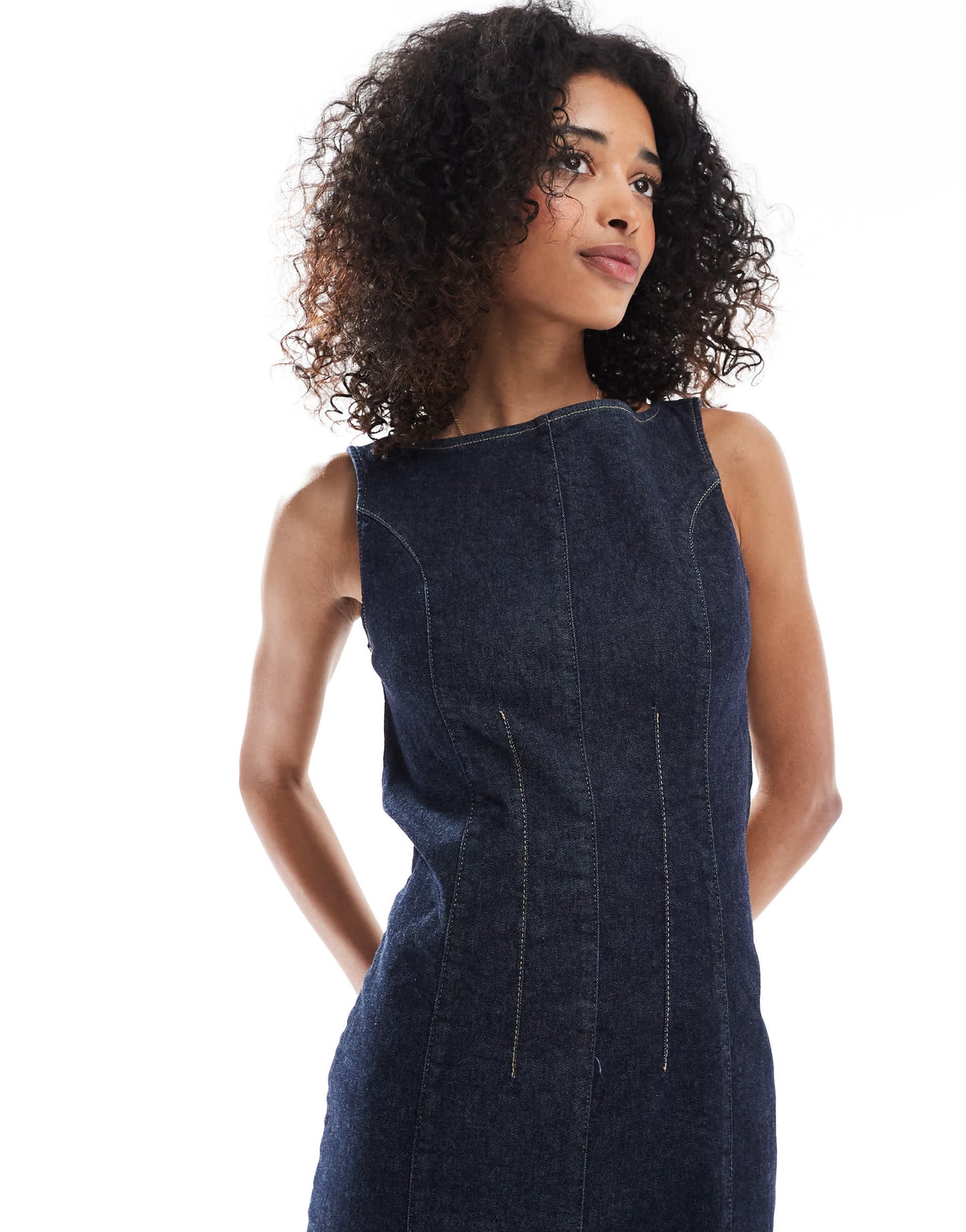 ASOS DESIGN cinched waist denim maxi dress with front slit in indigo