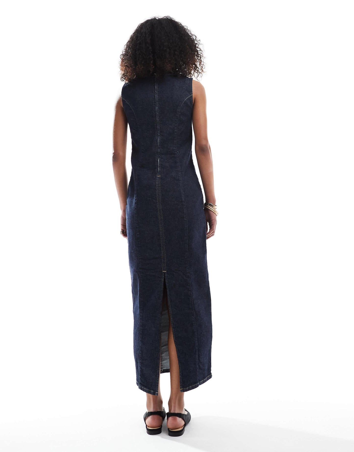 ASOS DESIGN cinched waist denim maxi dress with front slit in indigo