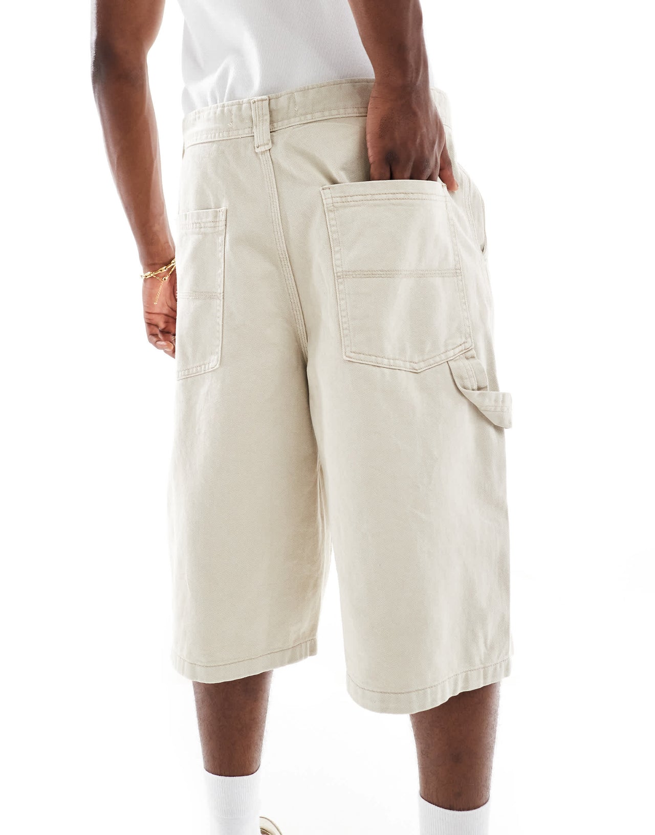 Bershka baggy denim worker short in ecru