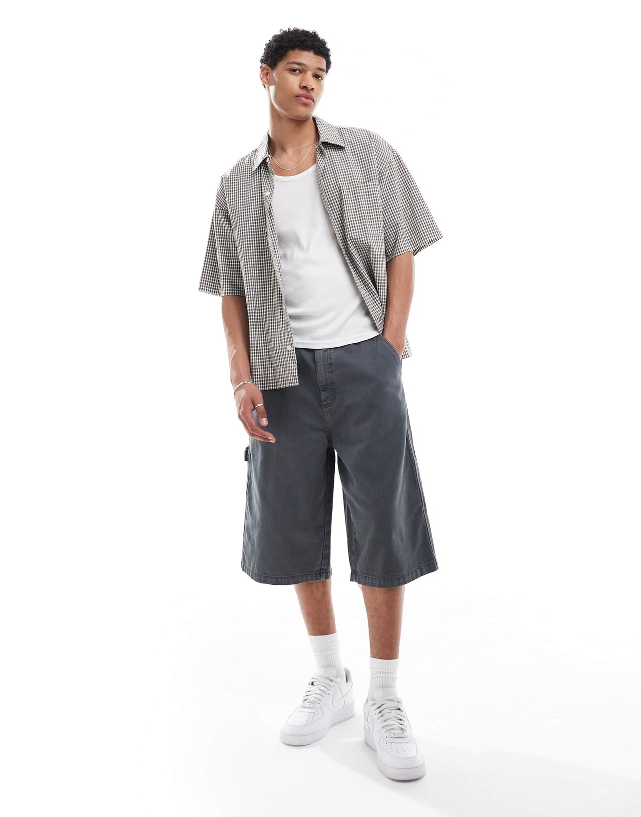 Bershka baggy denim worker short in charcoal grey