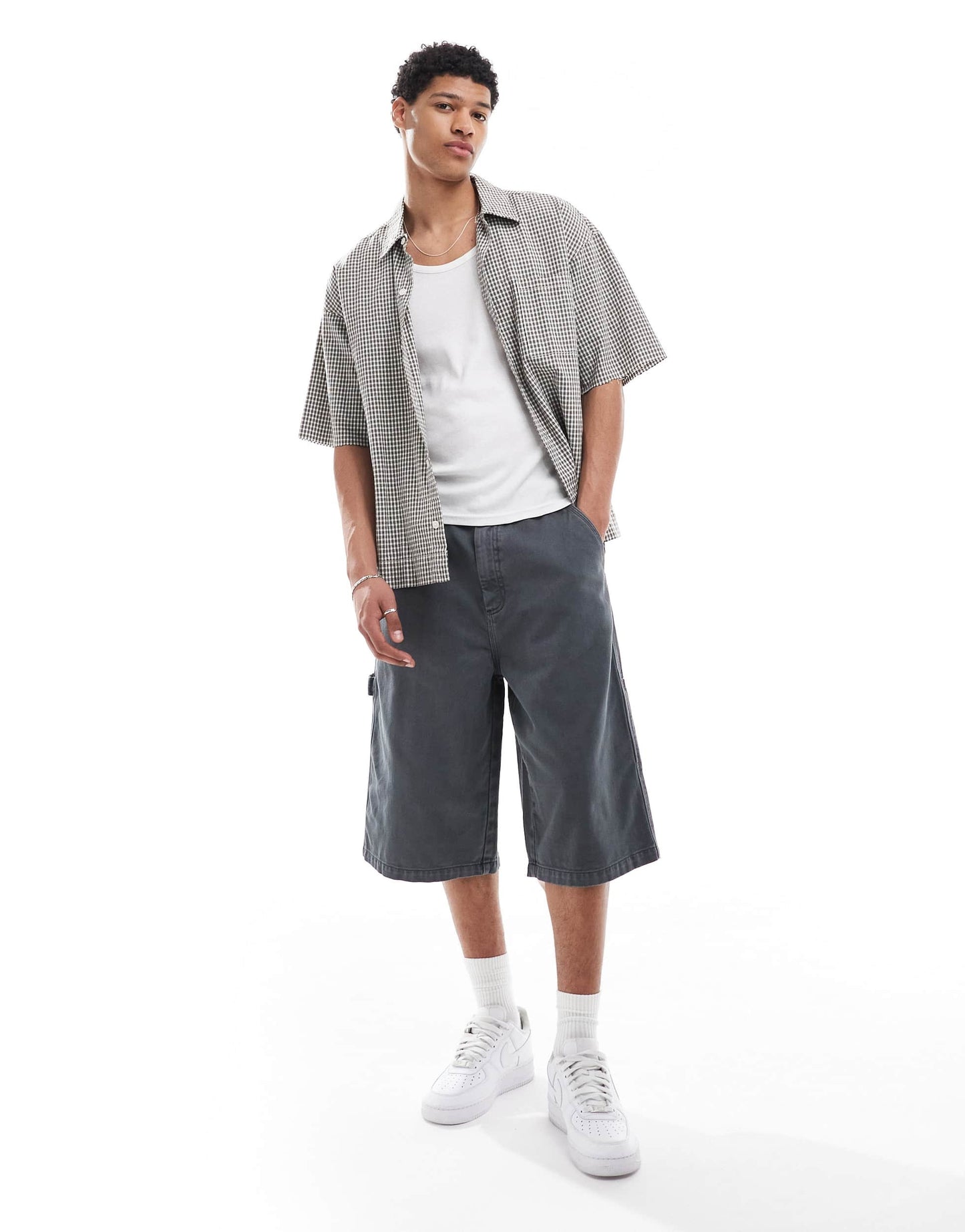 Bershka baggy denim worker short in charcoal grey