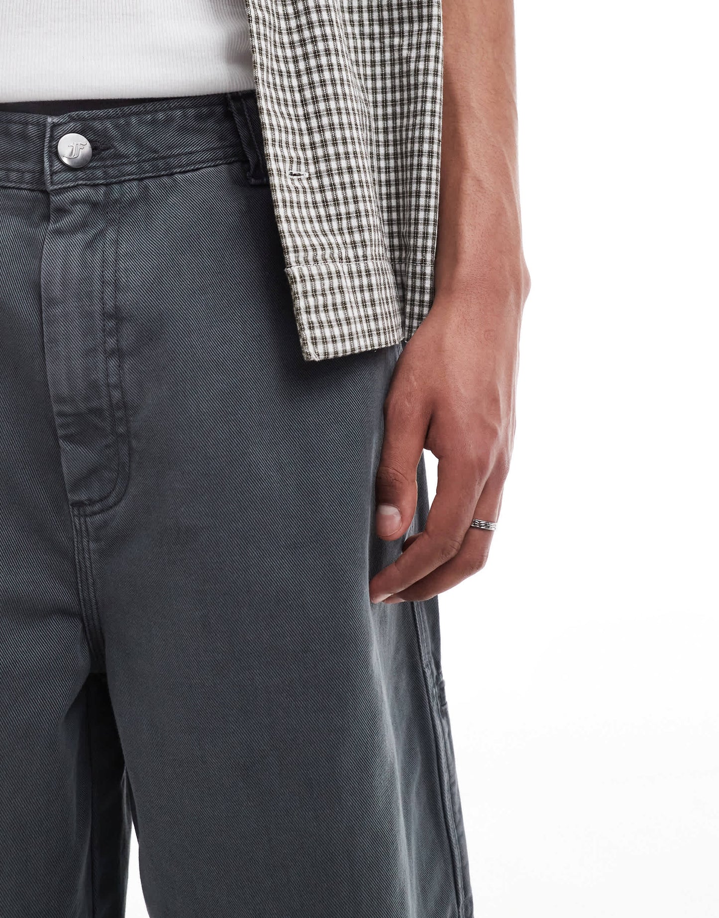 Bershka baggy denim worker short in charcoal grey