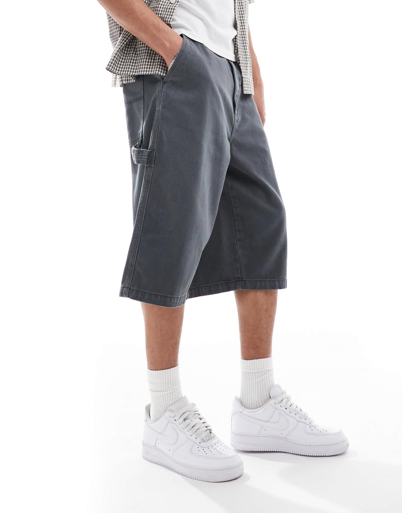Bershka baggy denim worker short in charcoal grey