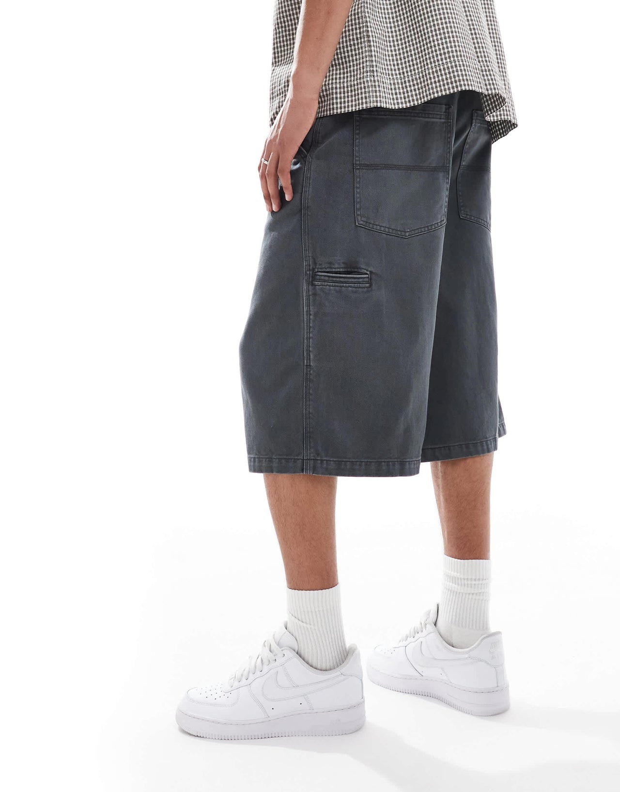 Bershka baggy denim worker short in charcoal grey