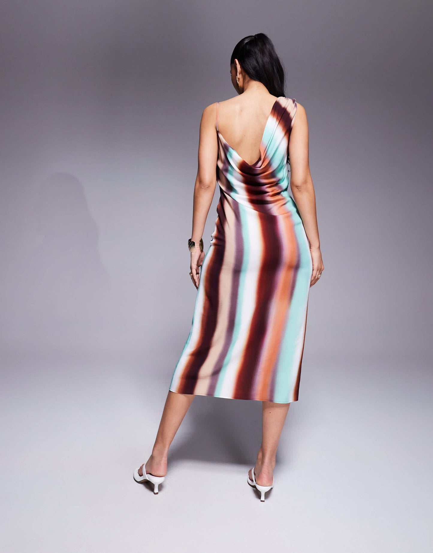 ASOS DESIGN asymmetric cowl neck midi dress in stripe print