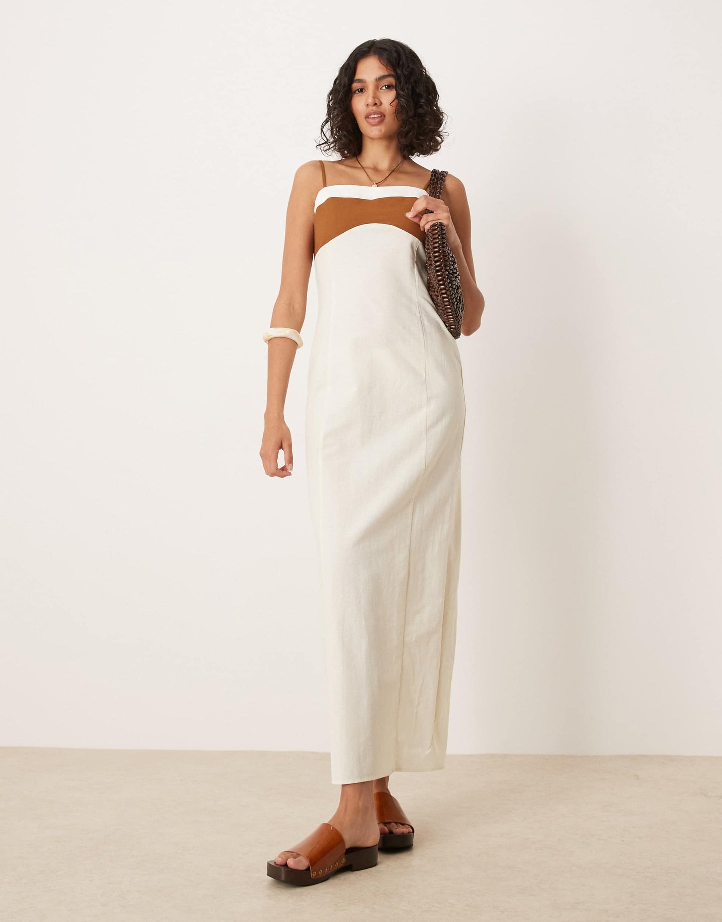 ASOS DESIGN cotton linen colour block cami maxi dress in neutral colour block