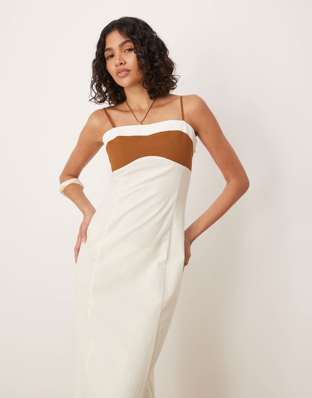 ASOS DESIGN cotton linen colour block cami maxi dress in neutral colour block