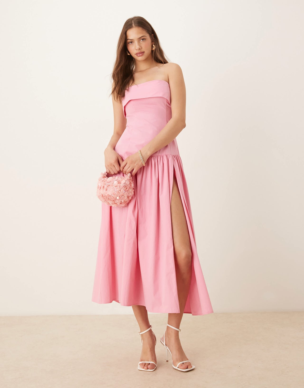 ASOS DESIGN fold over bandeau midi dress with asymmetric detailing in pink