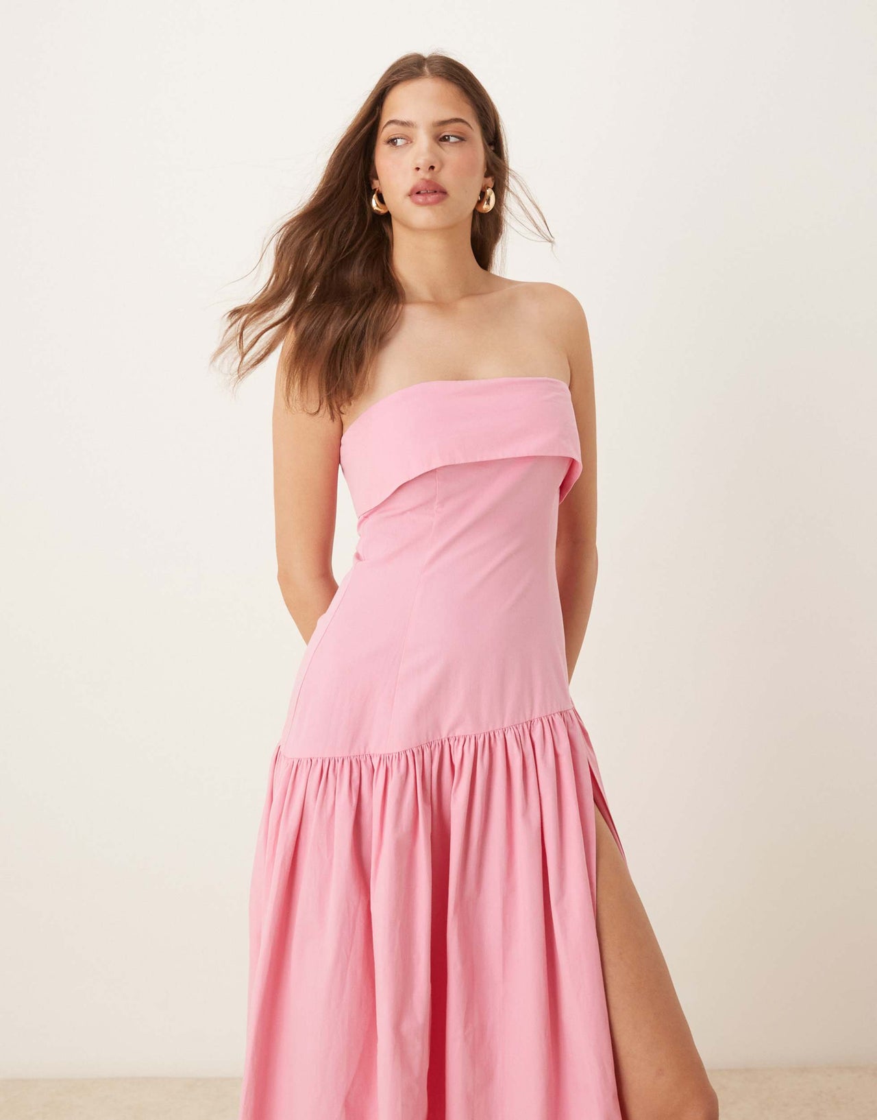 ASOS DESIGN fold over bandeau midi dress with asymmetric detailing in pink