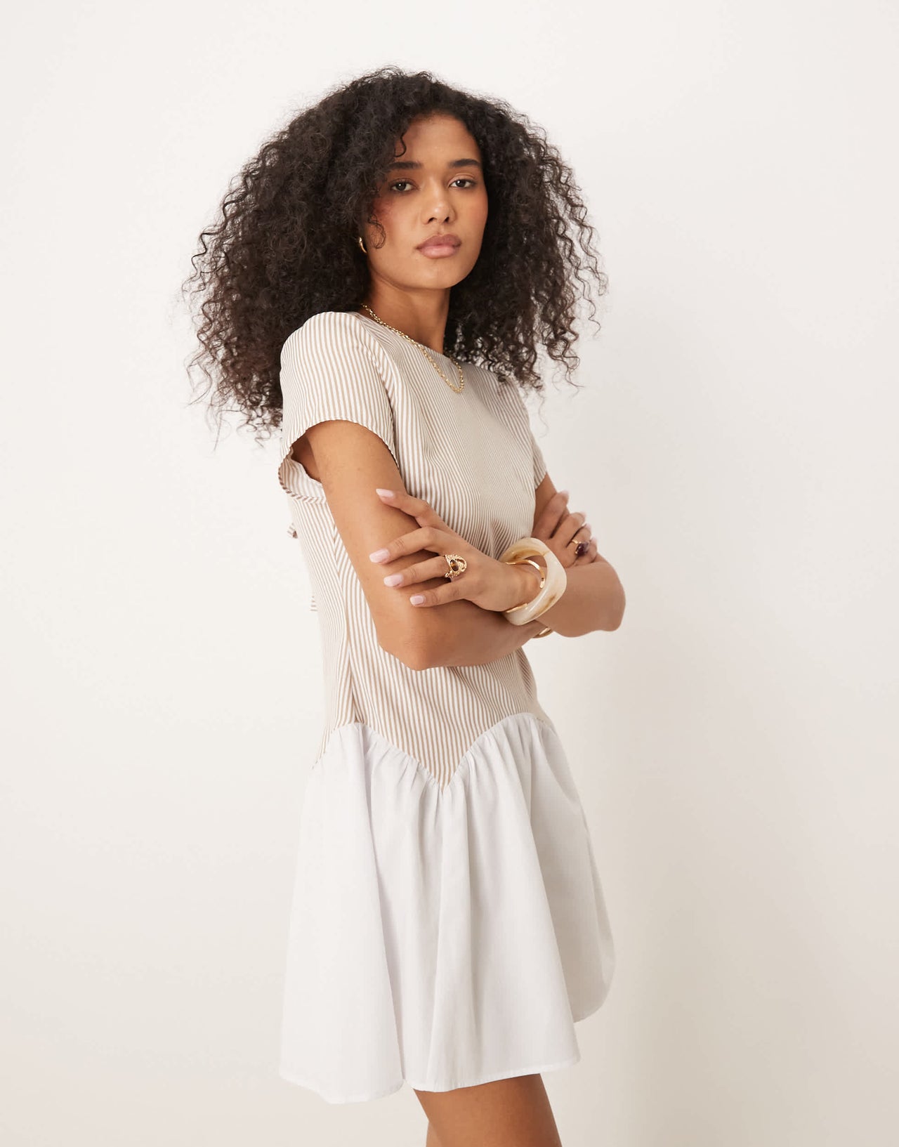 ASOS DESIGN dropped waist t shirt mini dress in neutral stripe