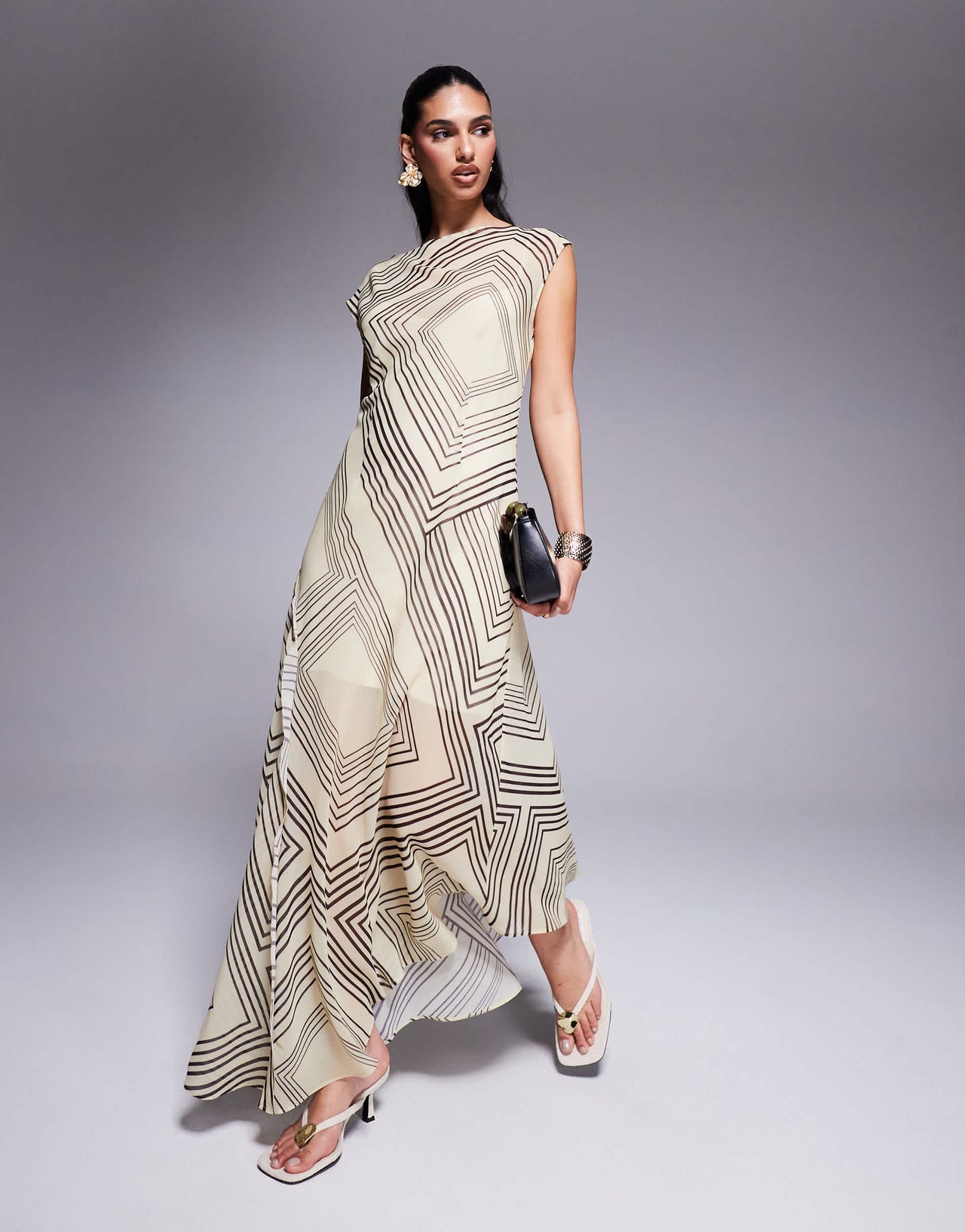 ASOS DESIGN slash neck waisted maxi dress in stripe abstract