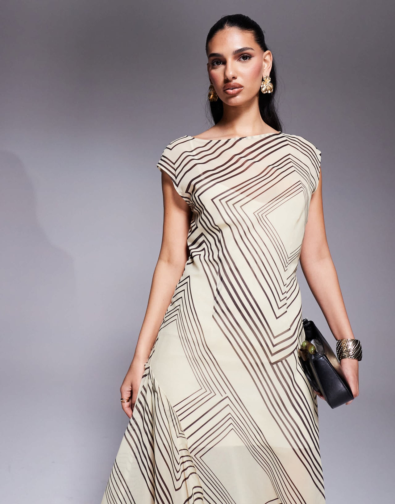 ASOS DESIGN slash neck waisted maxi dress in stripe abstract
