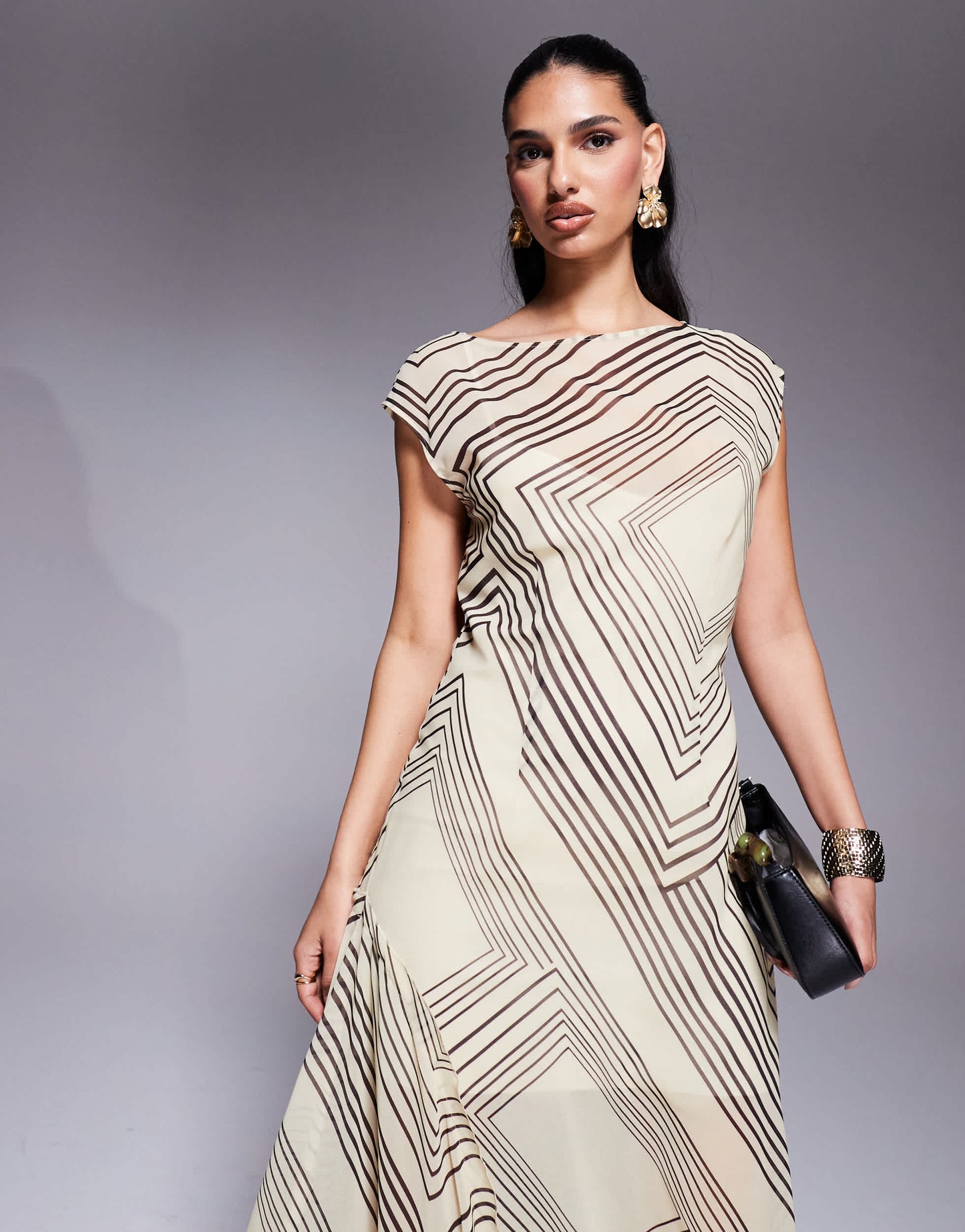 ASOS DESIGN slash neck waisted maxi dress in stripe abstract