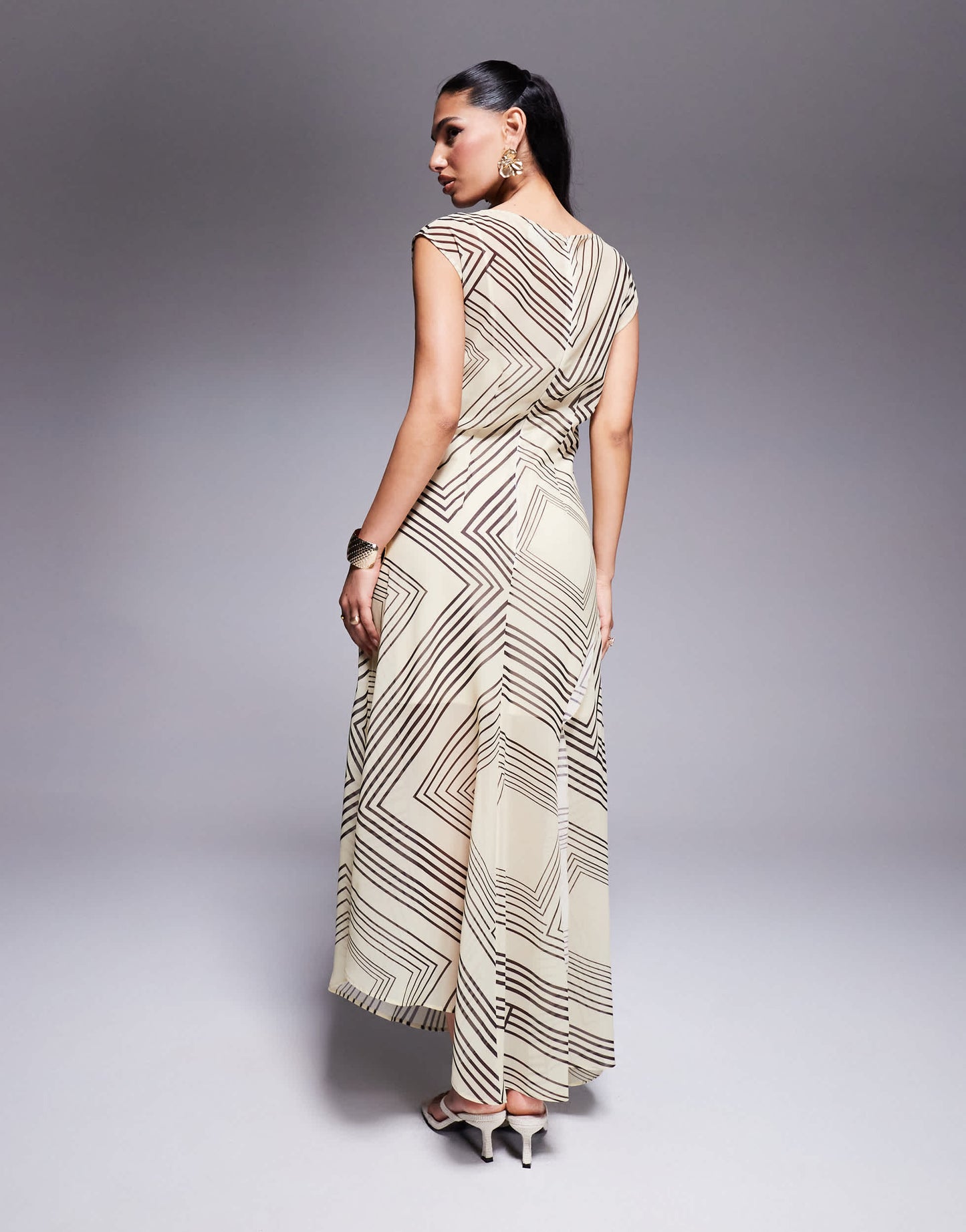 ASOS DESIGN slash neck waisted maxi dress in stripe abstract