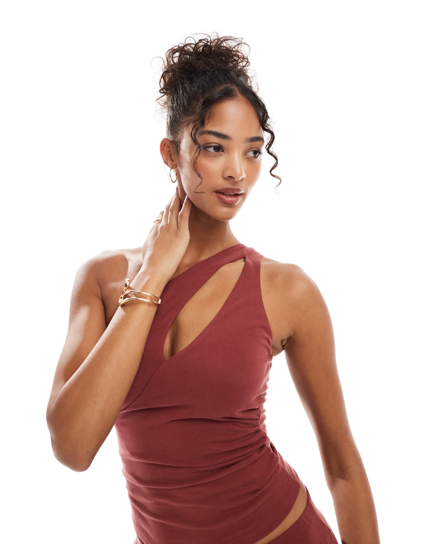 Bershka one shoulder cut out top co-ord in terracotta