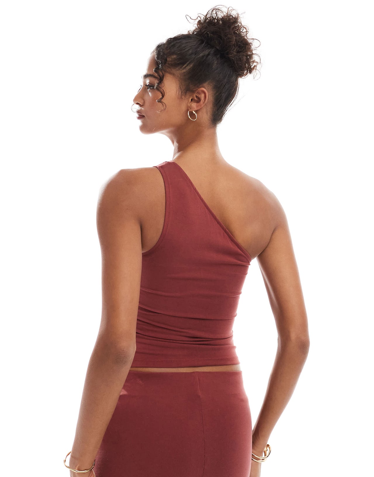 Bershka one shoulder cut out top co-ord in terracotta