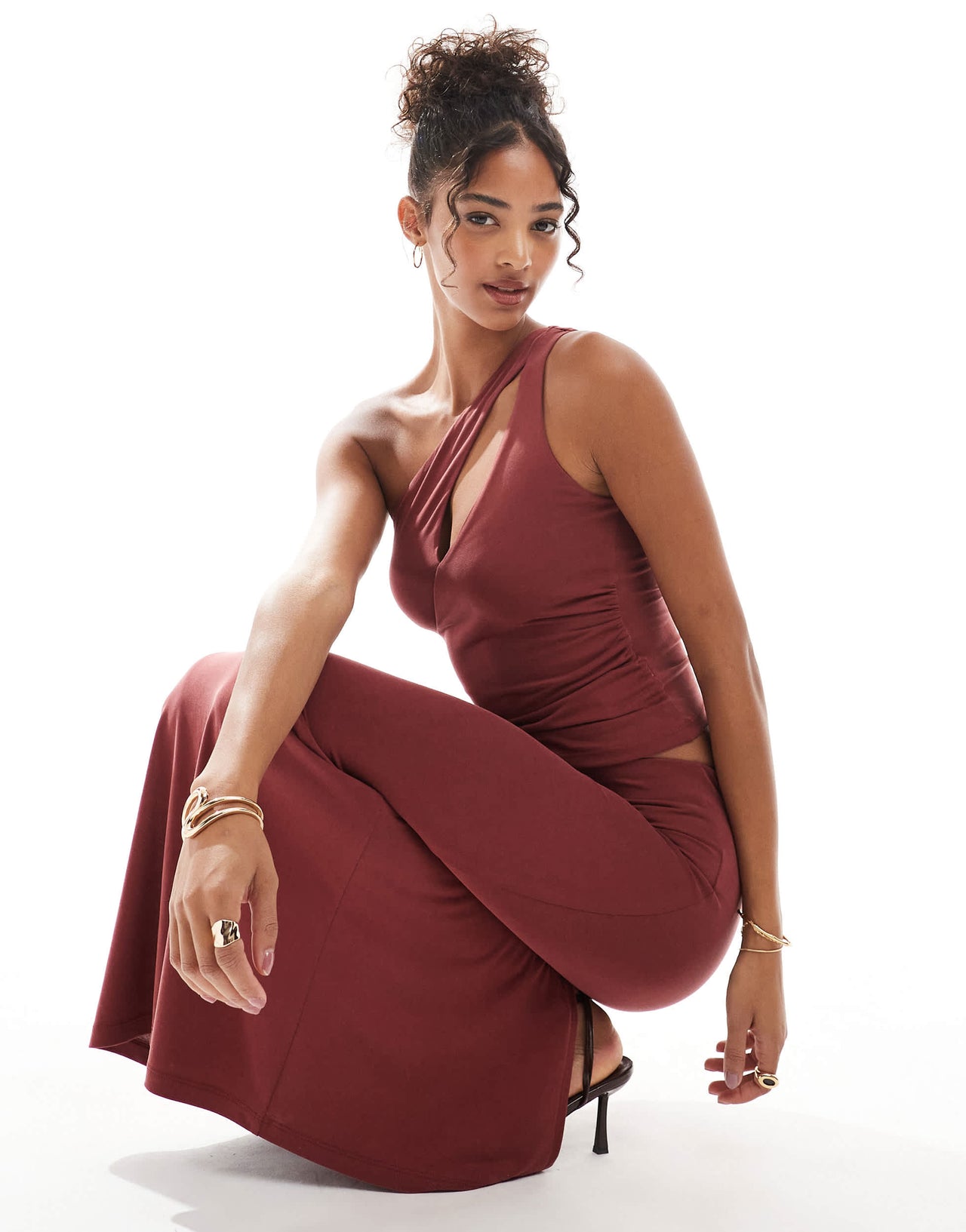 Bershka one shoulder cut out top co-ord in terracotta