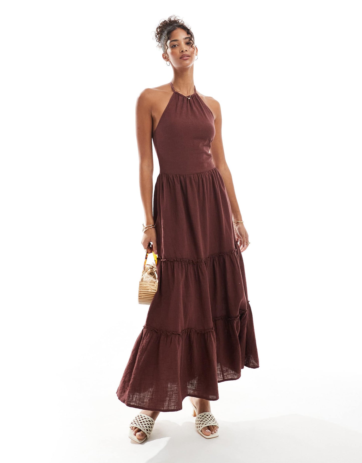 Bershka linen halterneck tiered maxi dress in brown