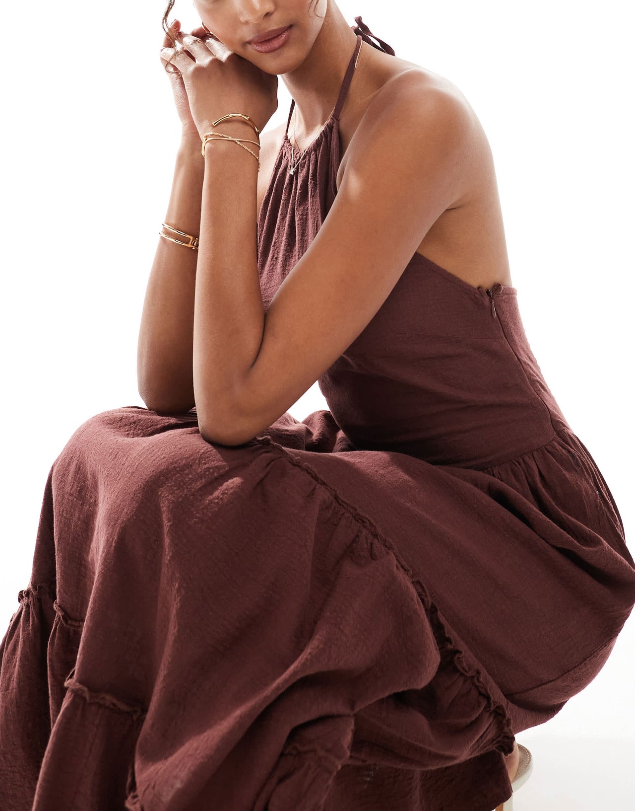 Bershka linen halterneck tiered maxi dress in brown