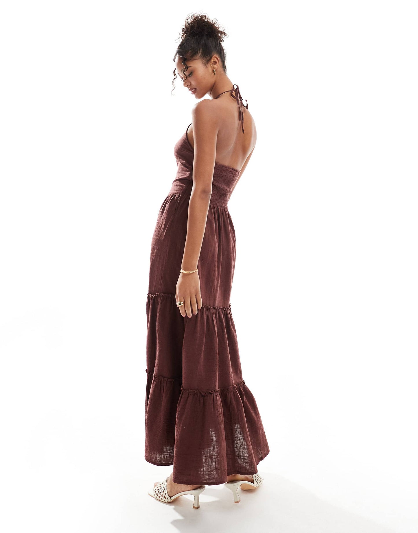 Bershka linen halterneck tiered maxi dress in brown