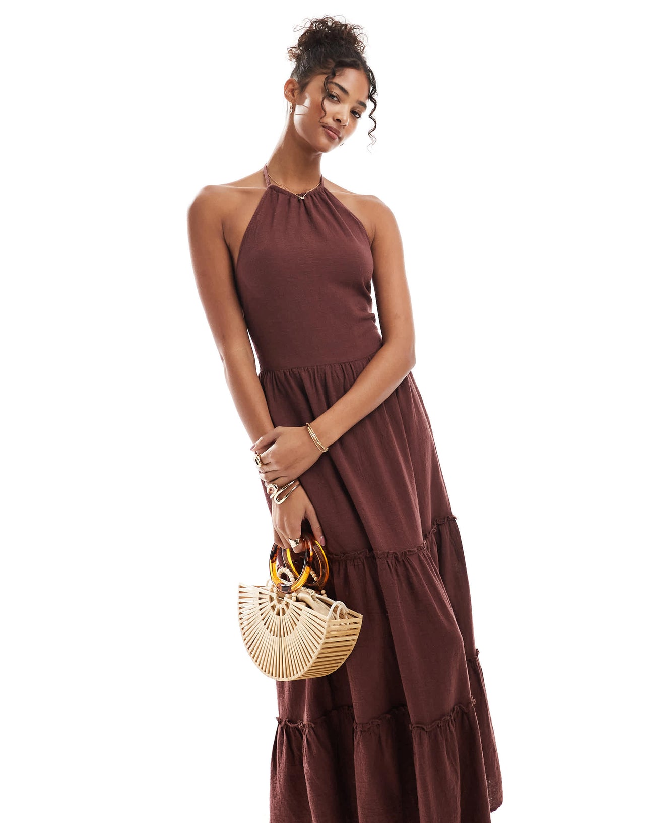 Bershka linen halterneck tiered maxi dress in brown