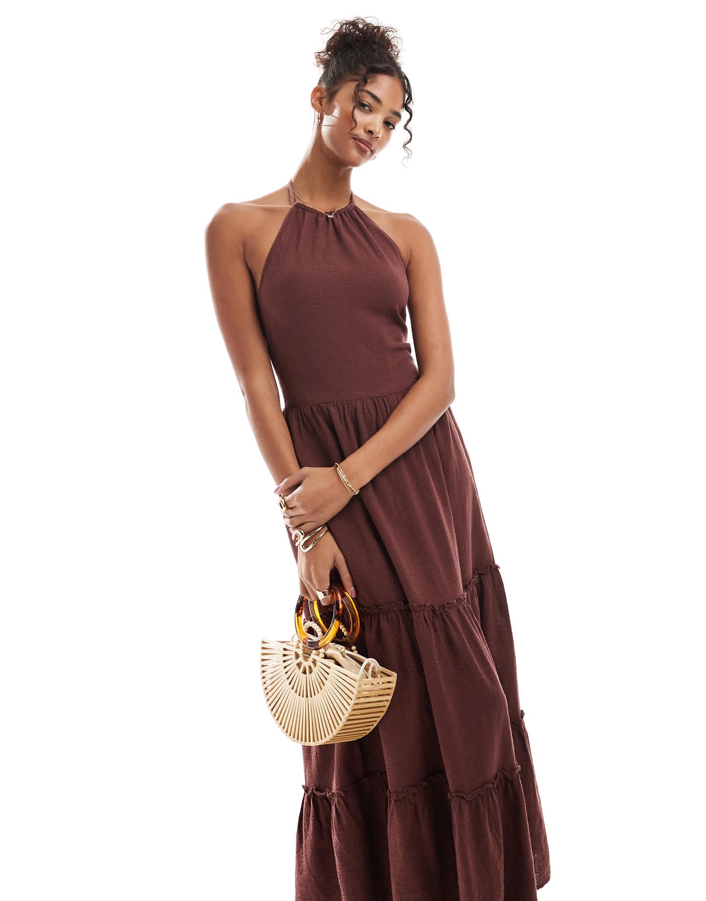Bershka linen halterneck tiered maxi dress in brown