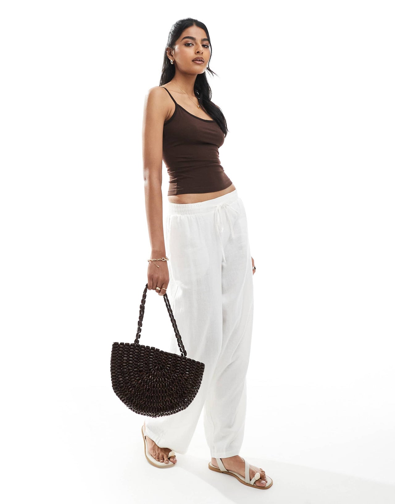 Bershka contrast square neck cami top in brown