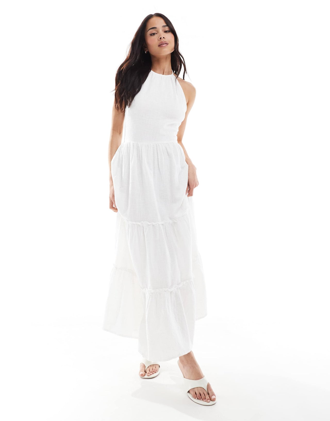 Bershka linen halterneck tiered maxi dress in ecru