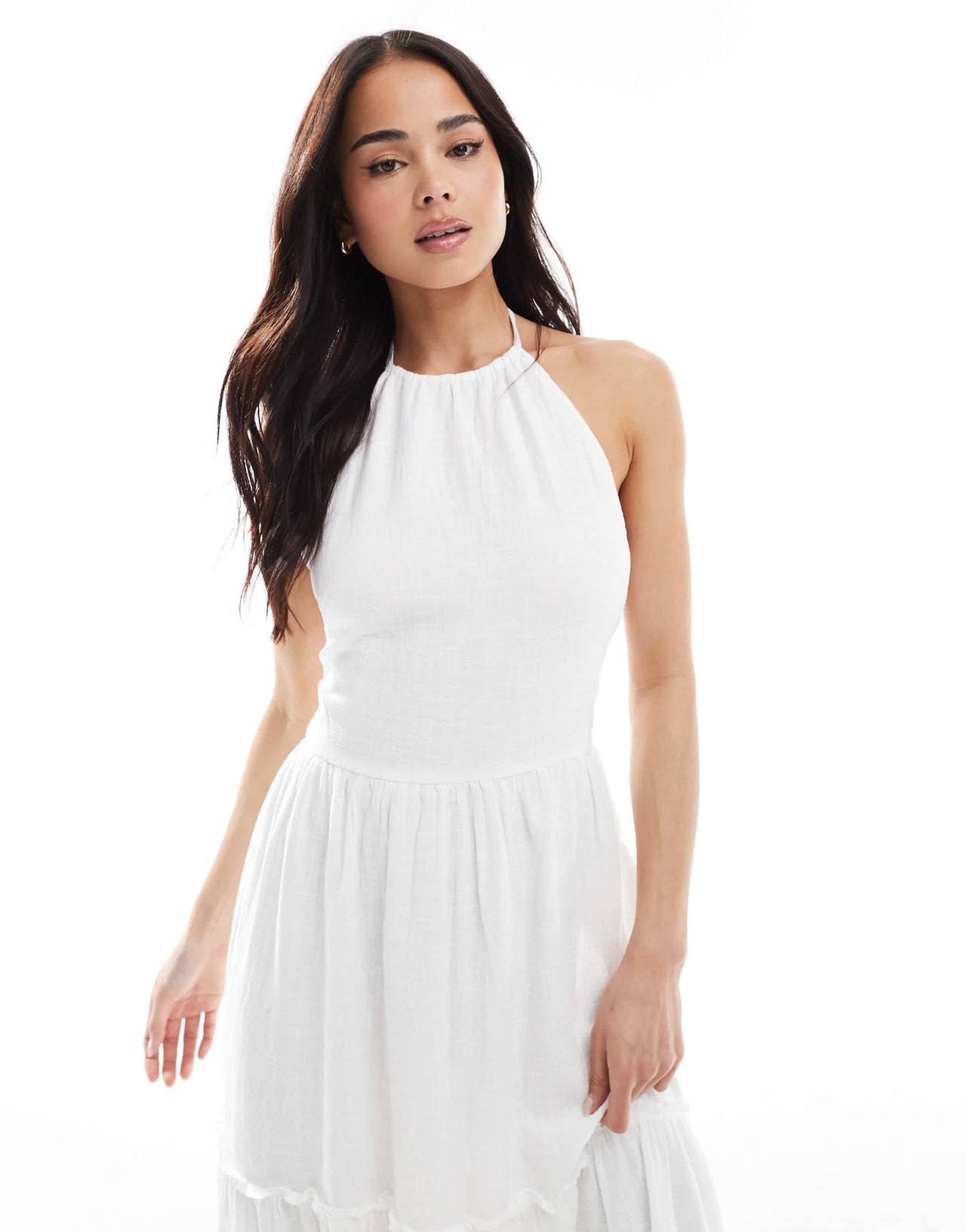 Bershka linen halterneck tiered maxi dress in ecru