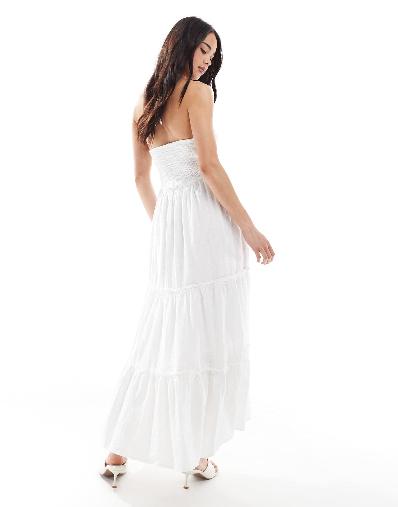 Bershka linen halterneck tiered maxi dress in ecru