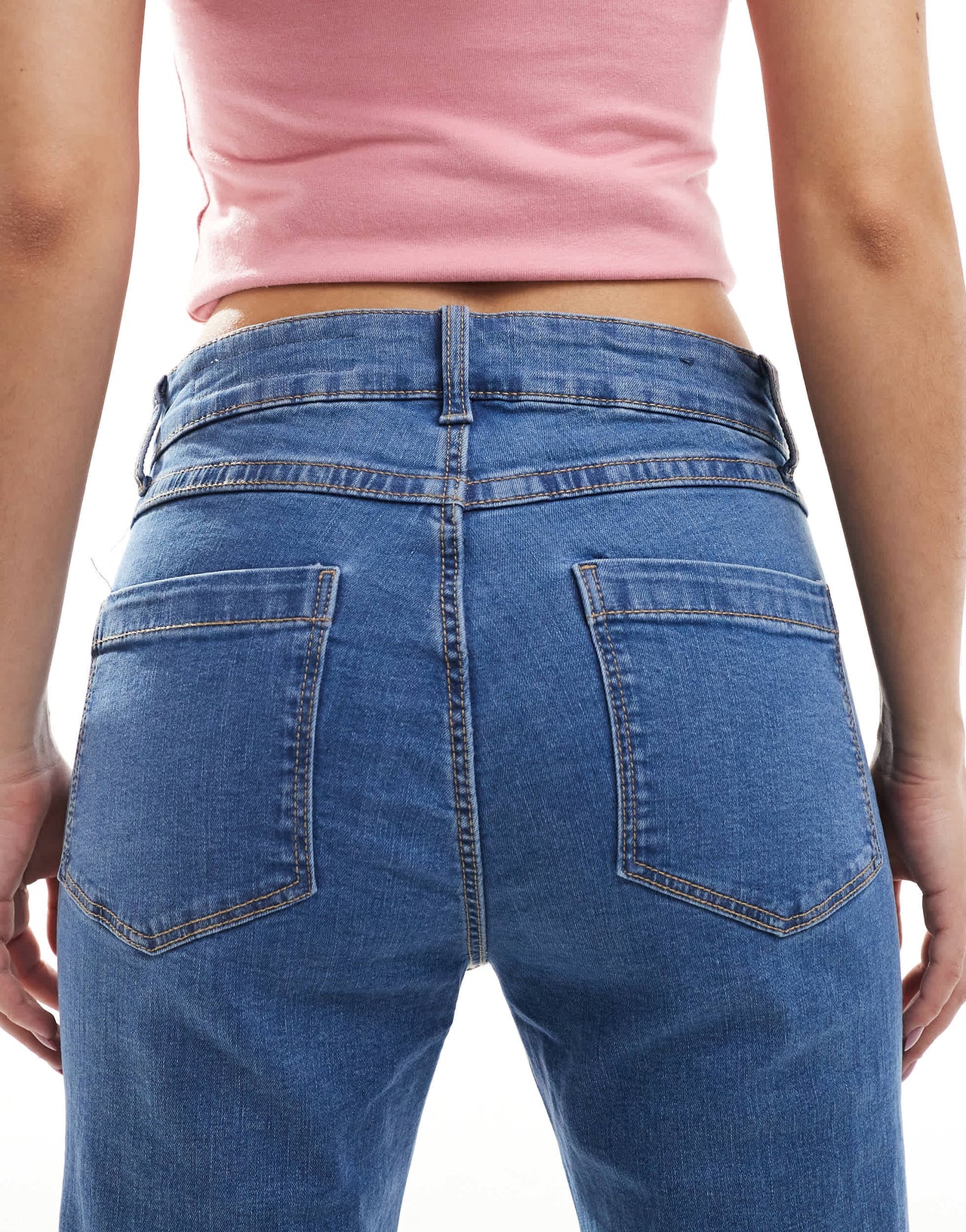 Bershka button detail ankle length straight leg jeans in mid wash blue