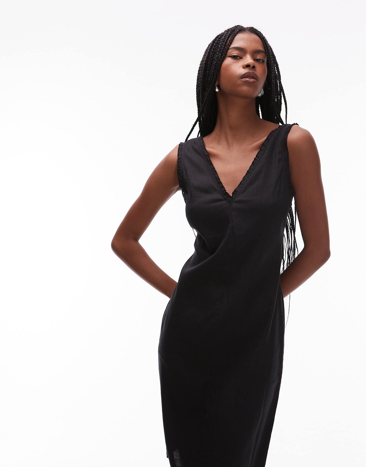 ARKET linen rich v-neck midi shift dress with frill trim in black