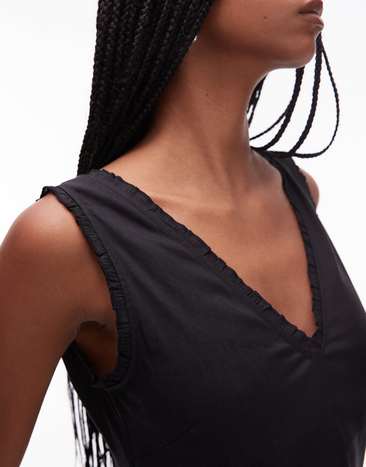ARKET linen rich v-neck midi shift dress with frill trim in black