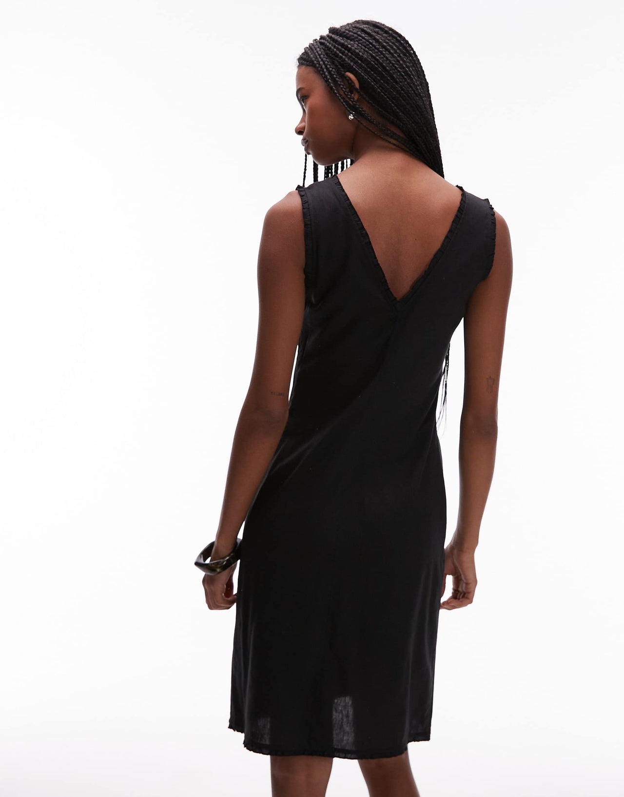 ARKET linen rich v-neck midi shift dress with frill trim in black