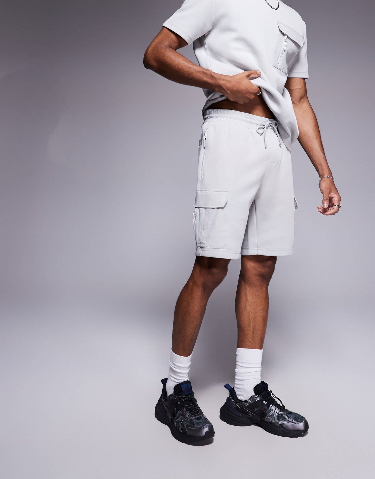 River Island nylon pocket shorts in light grey