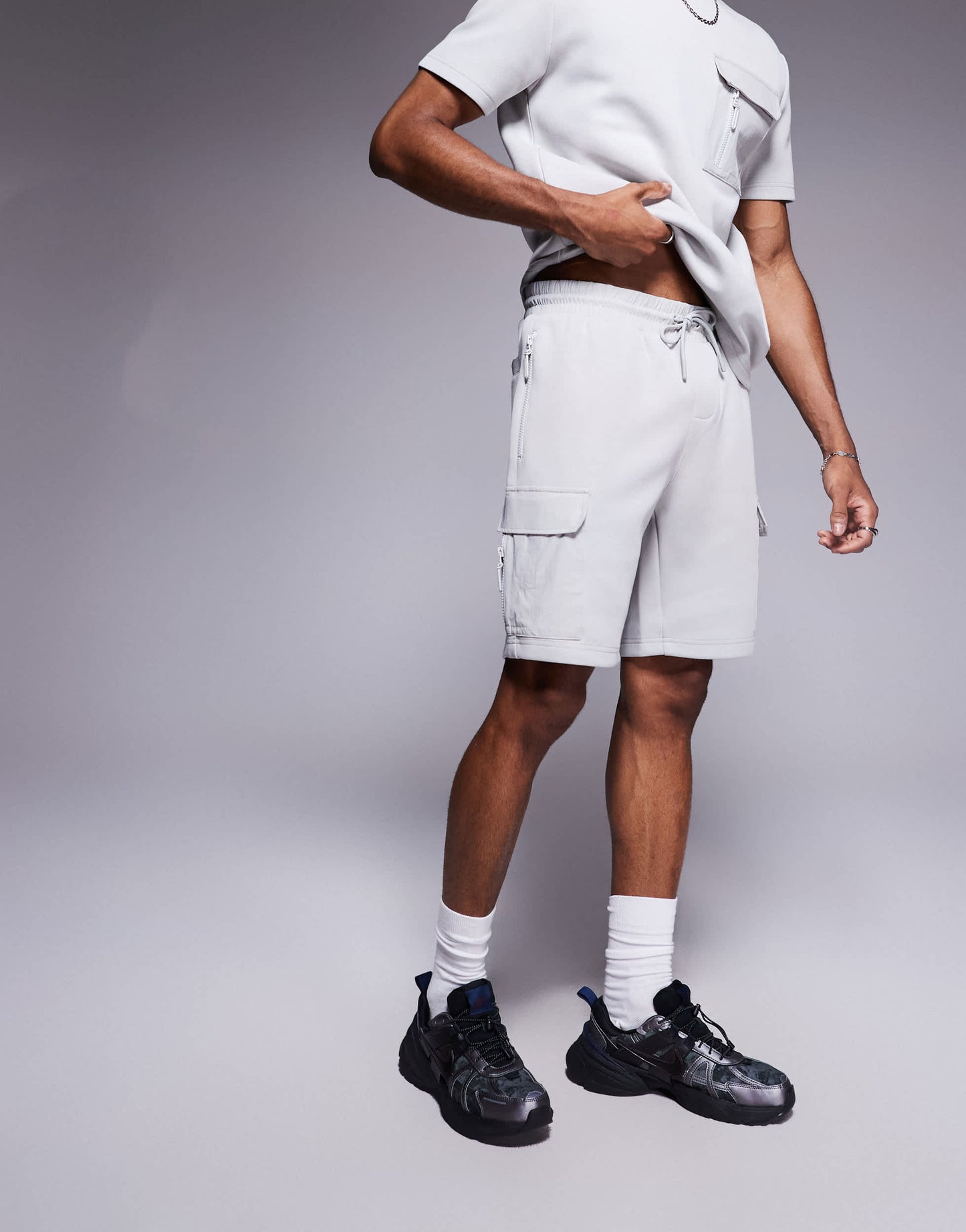 River Island nylon pocket shorts in light grey