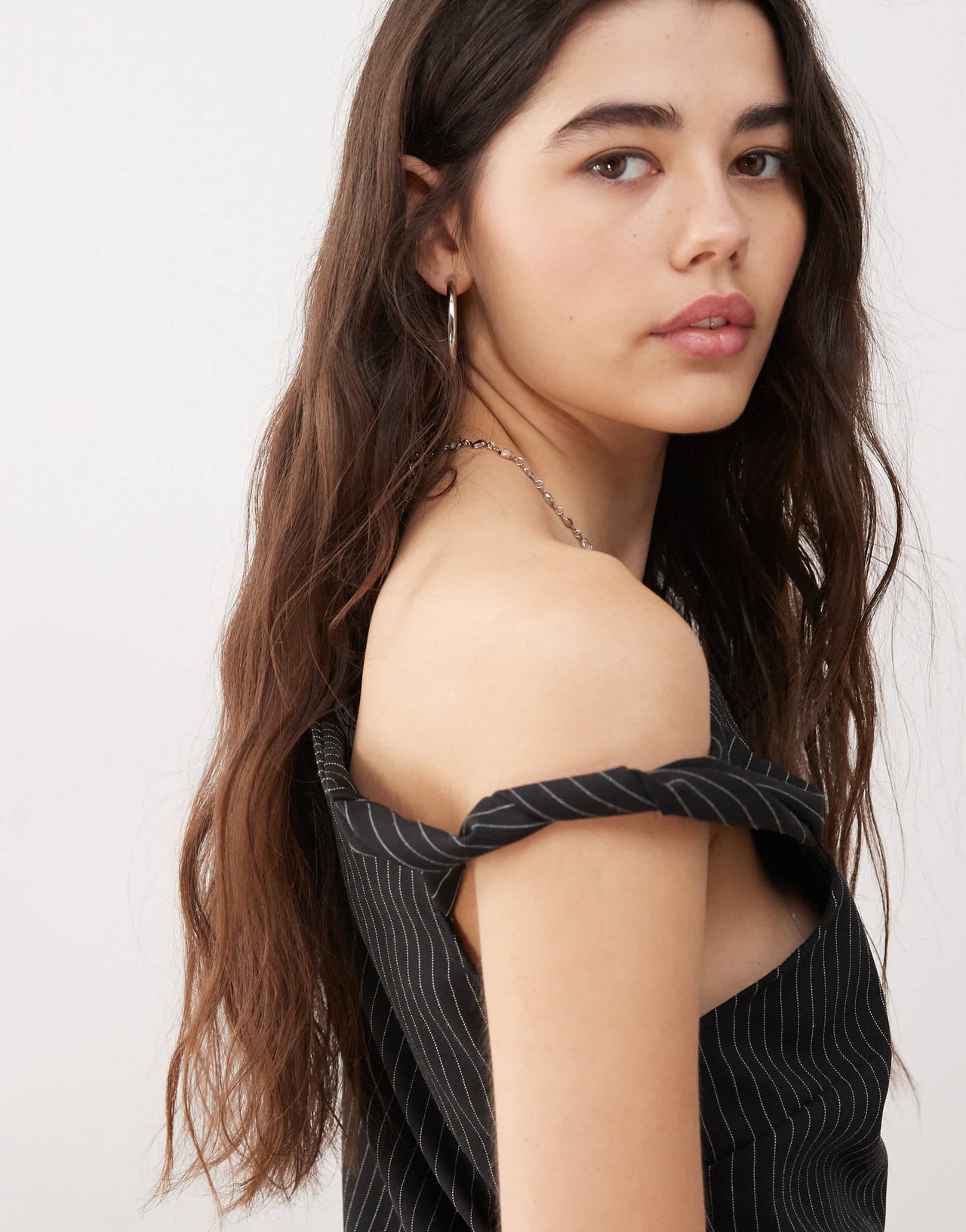 Reclaimed Vintage tailored structured mini skort dress with one shoulder detail in black pinstripe - BLACK
