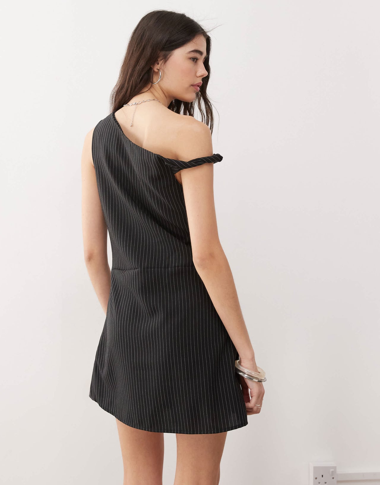 Reclaimed Vintage tailored structured mini skort dress with one shoulder detail in black pinstripe - BLACK