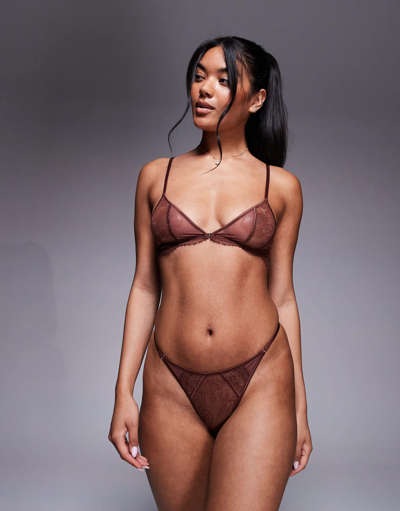 ASOS DESIGN Amber lace & sheer mesh tanga thong in chocolate - BLACK