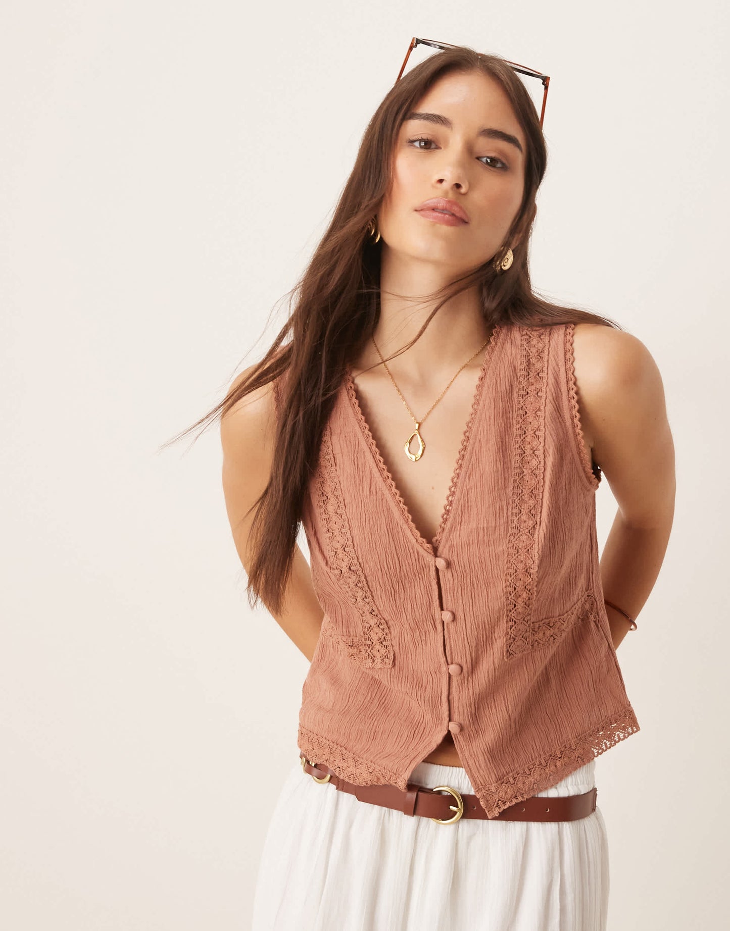 ASOS DESIGN lace trim waistcoat in brown