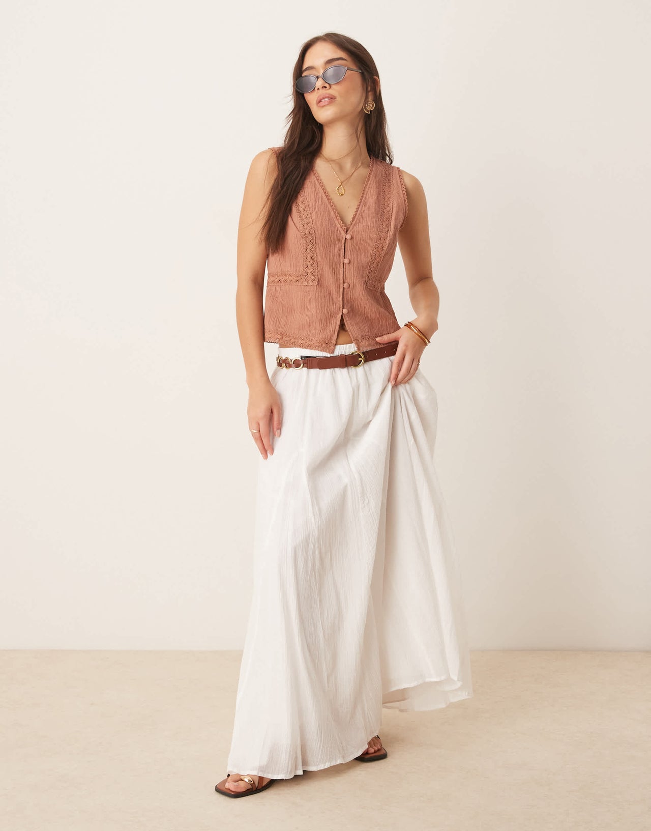 ASOS DESIGN lace trim waistcoat in brown
