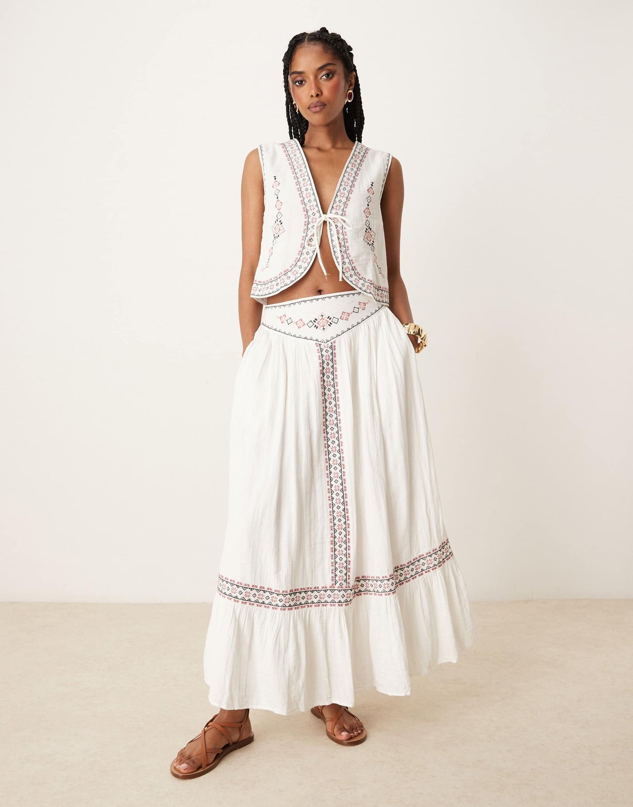 Threadbare cotton rich woven co-ord tie waistcoat with embroidery in cream