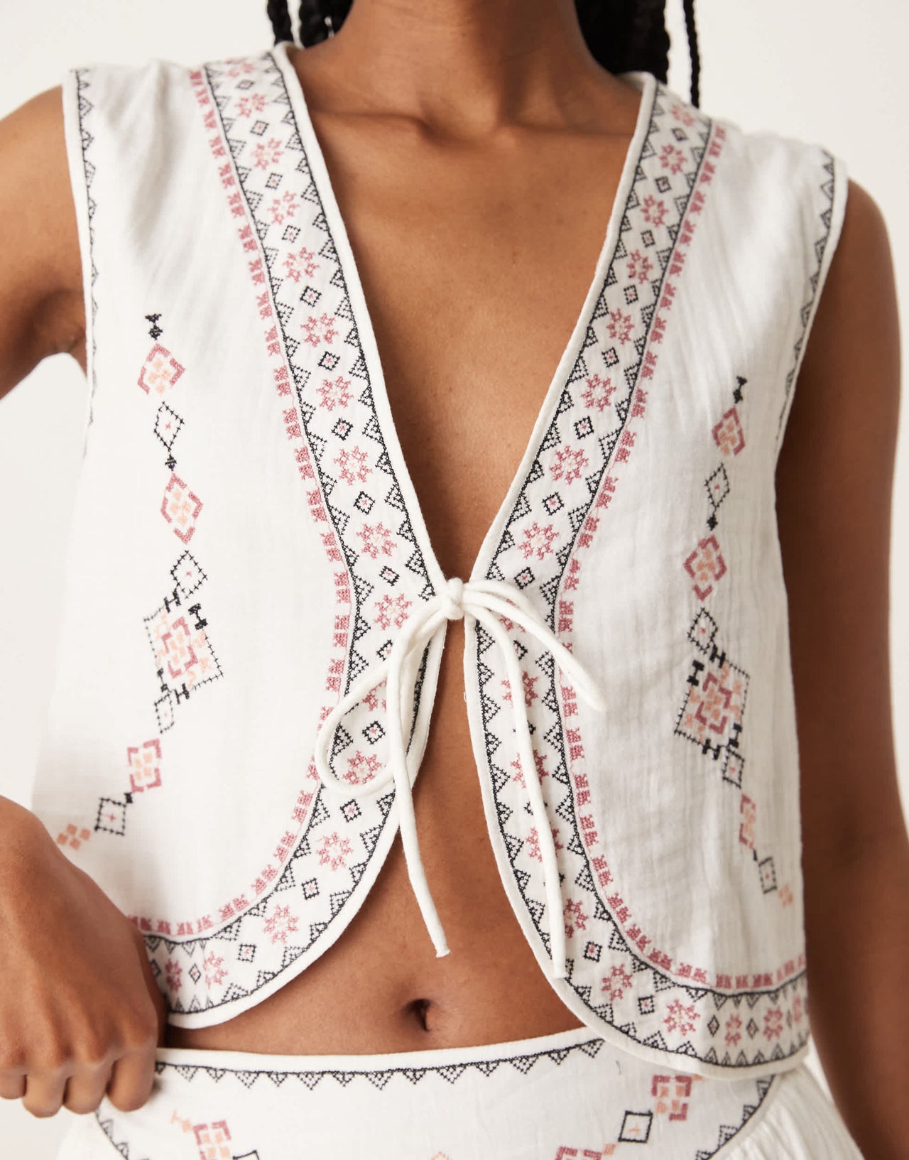 Threadbare cotton rich woven co-ord tie waistcoat with embroidery in cream