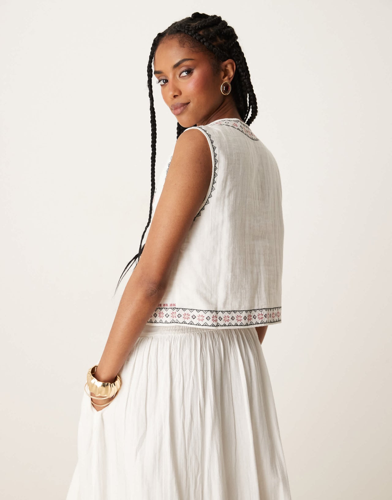 Threadbare cotton rich woven co-ord tie waistcoat with embroidery in cream